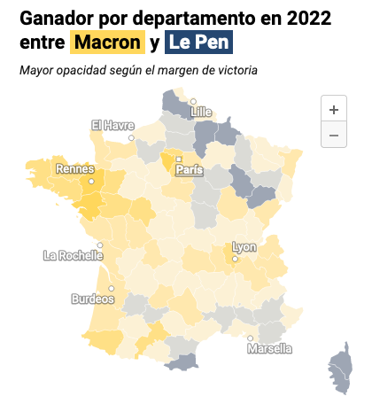 Ganador por departamento en 2022 entre Macron y Le Pen